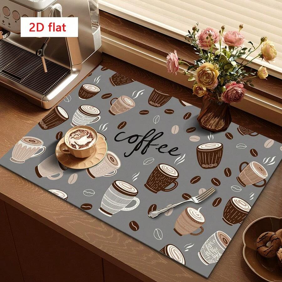 1pc Coffee Machine Mat, Dish Drying Mat, Gray-Brown Coffee Cup Pattern, Absorbent, Suitable For Dining Table And Cafe, Multipurpose Drainage Mat, Home Gift, Desktop Decor