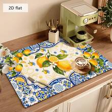 1pc Dish Drying Mat, Coffee Machine Mat, Blue & White Floral Border With Yellow Lemon Fruit Pattern Absorbent Draining Mat, Suitable For Dining Table, Cafe, Multi-Purpose Drainage Pad, Home Gift, Tabletop Decor - XYLSD-352 - View 4