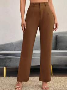 Pantalones rectos casuales lisos para mujer, para uso diario en otoño/invierno - Marrón 2 - Ver 6
