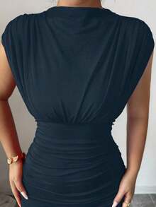 Nuevo vestido de moda de cuello alto sólido rojo sin mangas, con diseño sexy de malla calada y plisado en línea A, adecuado para fiesta de graduación, eventos festivos, citas - Azul marino - Ver 3