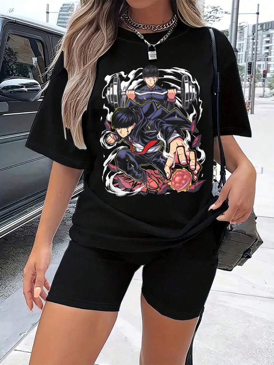 1 Piece 180g Camisera de Algodón para Mujer, Oversize Manga Corta Cuello Redondo con Estampado para el Diario y la Calle,designed by Y2K artists in the Bababask style - Negro - Ver 1