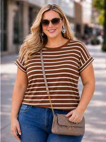 Women's Plus Size Striped Blouse, Black And White, Short Folded Sleeves, Oversized, Comfortable, Casual Urban Fashion, Daily Wear, Vacation, Cold Weather, Winter - 鏽棕色 - 查看 8