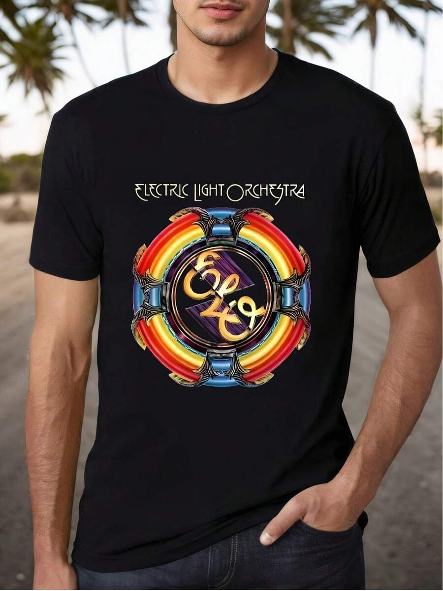 Electric Light Orchestra O Rock Design T-Shirt - Unisex Black Short Sleeve Rainbow Circle Design T-Shirt, Casual Music Style T-Shirt For Men And Women, 334083, Vintage Music Themed T-Shirt, Knit Fabric, Band Style T-Shirt. - 黑色 - 查看 1