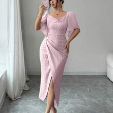 Women's Metal Buckle Color Block Ruffle Collar Petal Sleeve Fitted Elegant Dress, Spring/Summer Dress With Metal Buckle Pink Midi Dress - Verde pastel - Ver 6