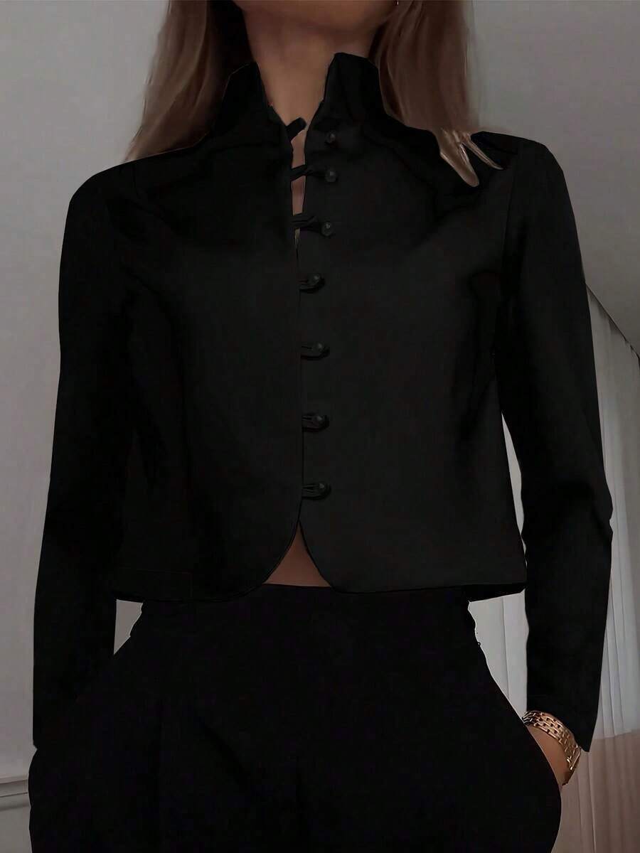 Blusa corta de manga larga con cuello mao y botones, elegante blusa delgada de unicolor, estilo chino moderno para mujer - Negro - Ver 1