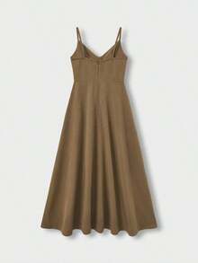 Vestido midi elegante de mujer con cuello en V, vestido de tirantes de mezcla de lino con corte evasé y espalda descubierta, adecuado para vacaciones, playa, boda, fiesta de cóctel - Marrón - Ver 7