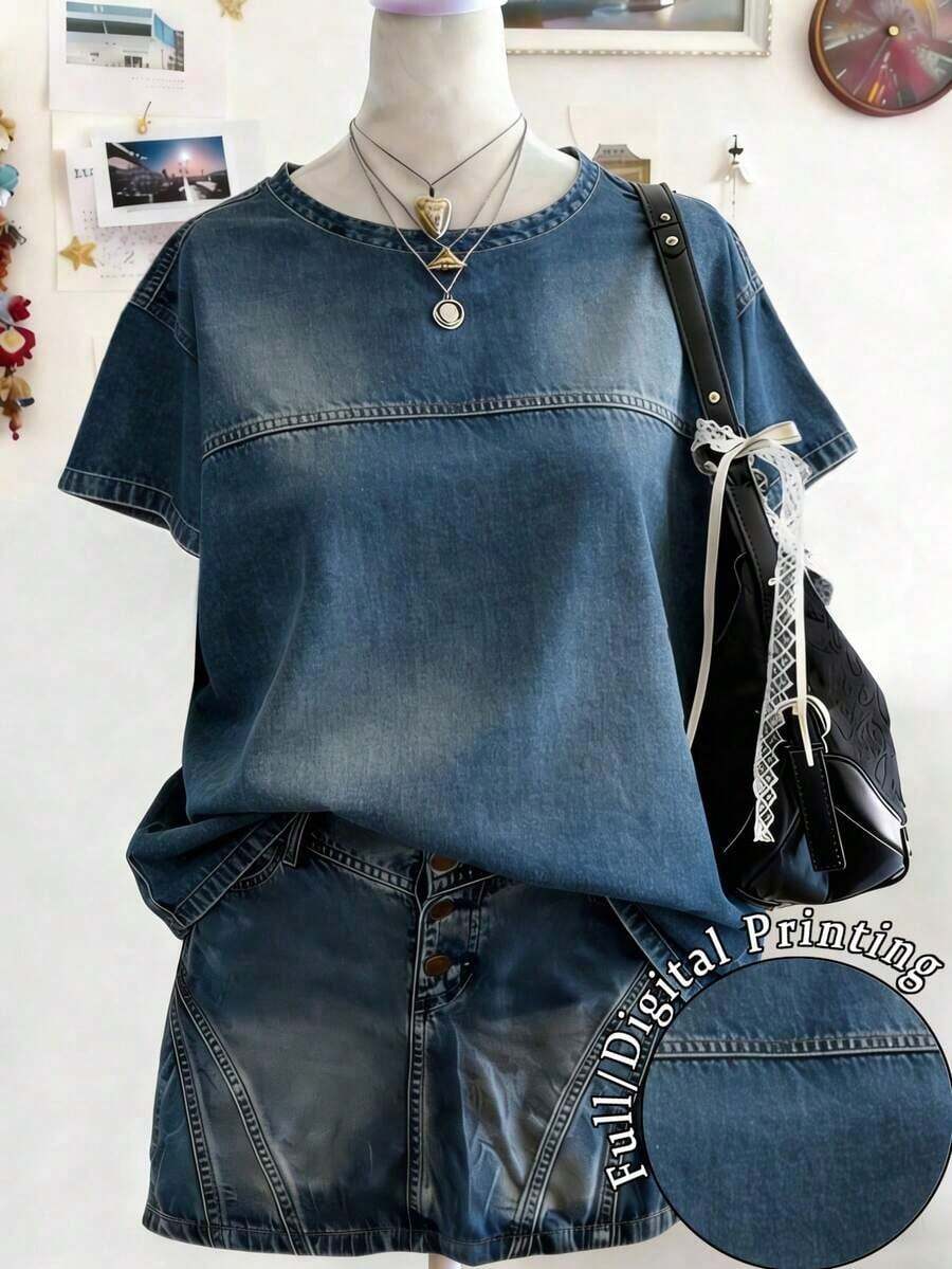 Camiseta casual de mujer con cuello redondo y mangas cortas, con efecto desgastado, versátil para uso diario - Multicolor 4 - Ver 1