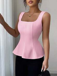 Blusa elegante de cuello cuadrado sin mangas para mujer, adecuada para la oficina, el transporte, el té de la tarde, las fiestas, las vacaciones y ocasiones casuales - Rosa - Ver 3