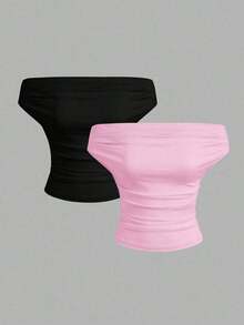Set de 2 blusas de hombros descubiertos con volantes en unicolor negro y rosa, nuevas para el verano, versátiles y combinables para mujer - Multicolor 4 - Ver 10