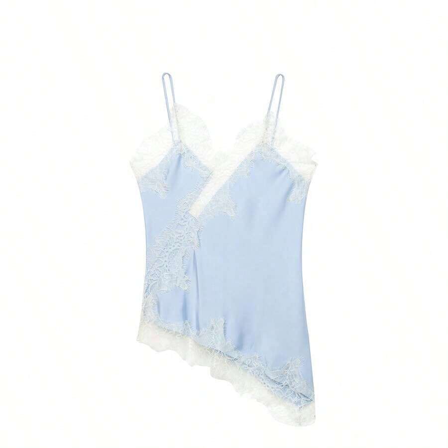 Seelio Nuevo Top de estilo lencería sexy con decoración de encaje, estilo europeo y americano, para mujer, color negro, para verano - Azul - Ver 1