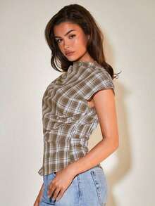 Blusa plisada con cuello para mujer, elegante para la oficina, artículo de moda versátil, adecuado para el trabajo, salidas casuales, fiestas, con estampado de cuadros marrones - Multicolor - Ver 5