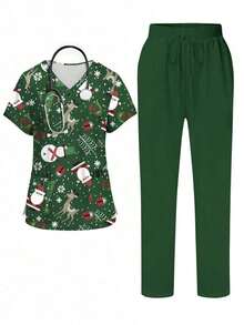 PopScrub Conjunto de 2 piezas con diseño de bolsillo con oreja, estampado de gato y planta de dibujos animados, de cuello en V y manga corta, uniforme de enfermera de primavera/verano, pantalón casual de color azul claro, conjunto de uniforme de enfermera, adecuado para amantes de los gatos - Multicolor 6 - Ver 7