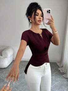 Blusa de manga corta con cuello redondo, estilo envolvente, elegante y casual, con cinturón y cuentas, adecuada para ir al trabajo, citas, y uso durante todo el año en primavera/verano.Blusa elegante para damas, apropiada para fiestas, citas, oficina, negocios, vida diaria en primavera/verano, temporada de graduación, Día del Maestro, vuelta al colegio, Acción de Gracias.Blusa de manga corta para uso diario, de unicolor con cuentas. - Morado - Ver 6