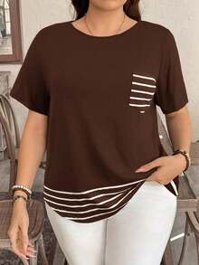Camiseta casual de talla grande con bolsillo y rayas de contraste, prenda de vestir occidental estilo boho bohemio, top de festival de los 90, verano y primavera - Marrón Chocolate - Ver 7