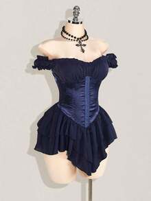 Vestido corto de gasa con volantes en el hombro, cintura fruncida y estampado jacquard para mujer, elegante para fiestas y uso casual - Azul marino - Ver 5