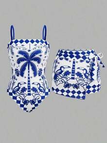Swim Oasis 1 pieza Traje de baño de una pieza con estampado de palmeras tropicales azul y blanco para mujer, elegante y casual para cubrir en la playa y vacaciones - Azul y blanco - Ver 1