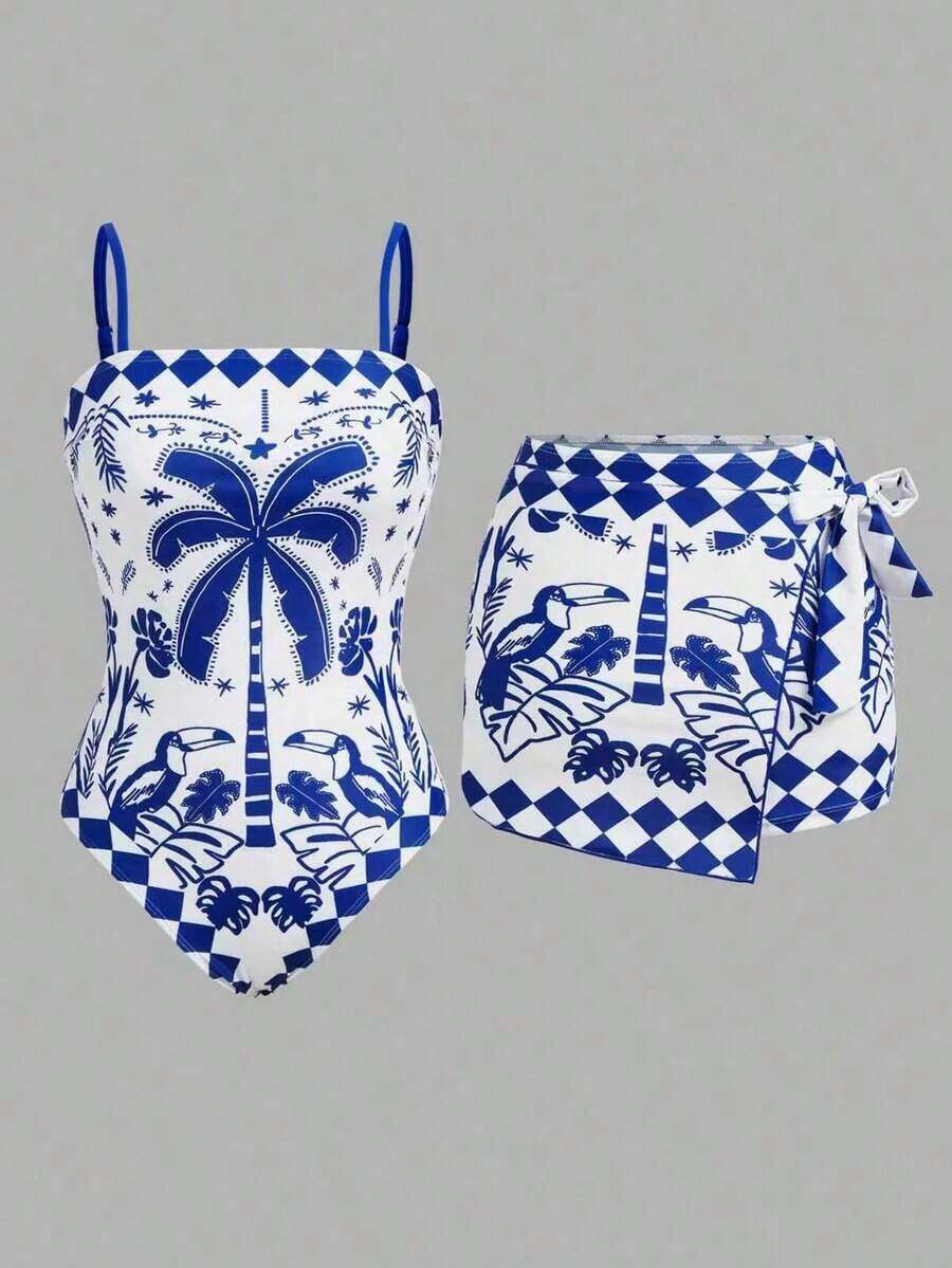 Swim Oasis 1 pieza Traje de baño de una pieza con estampado de palmeras tropicales azul y blanco para mujer, elegante y casual para cubrir en la playa y vacaciones - Azul y blanco - Ver 1