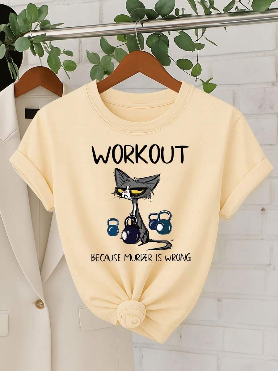 Camiseta de manga corta para mujer, con cuello redondo y estampado "WORKOUT, BECAUSE  IS WRONG" - Ropa de mujer, ajuste cómodo, diseño clásico, camiseta fresca para el verano, estilo unisex. Camiseta fresca para el verano, estilo unisex. - Albaricoque - Ver 1
