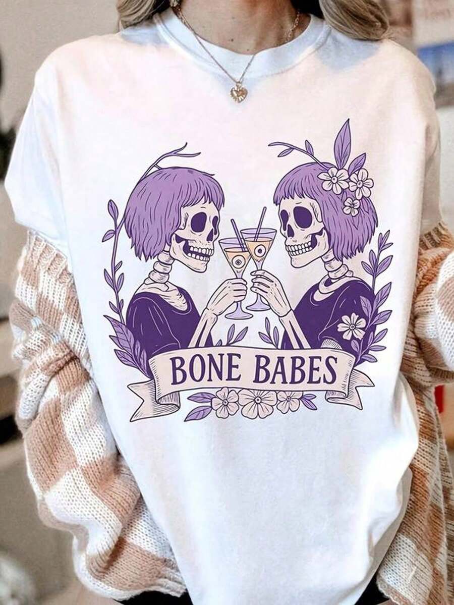 T-Shirt With Skeleton Aesthetic, Gothic Style, For Halloween Party, , Vintage, Horror, Cute, With Maosa Print, Suitable For Girls And Women, Short Sleeve, Round Neck, Inspirational, Aesthetic Style, Suitable For Everyday Use, Family, Work Or Casual Daily Wear. - 白色 - 查看 1