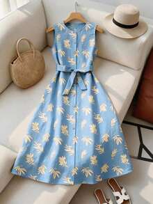 Vestido casual de mujer sin mangas con estampado de plantas y diseño de una sola hilera de botones - Marrón Mocha - Ver 8