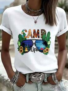 Camiseta de mujer con estampado de cactus y girasol, outfit de verano casual con estampado de leopardo y diseño de escena l - Blanco - Ver 2