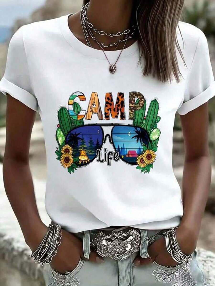 Camiseta de mujer con estampado de cactus y girasol, outfit de verano casual con estampado de leopardo y diseño de escena l