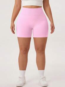 NcmRyu 1pc Women Plus Size Solid Color Ruched Fitted Sports Shorts - Pink - View 9