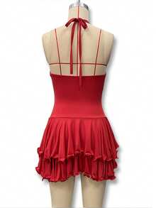 Vestido corto elegante mujer manga campana halter espalda descubierta ajustado con botones estilo europeo nueva moda - Rojo - Ver 5