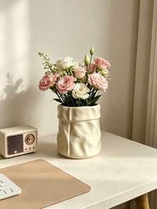 1pc Crumpled Paper Bag Shaped Vase , Cream Aesthetic Flower Pot For Home Desktop Decor, Ins Style Textured Planter For Living Room/Bedroom, Pink & Cream White - Multicolor - View 2
