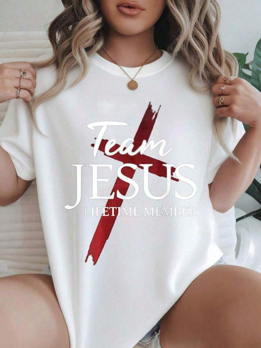 Camiseta Casual de Manga Corta para Mujer - Diseño de la Cruz Roja "Miembro de por Vida del Equipo Jesús", Cuello Redondo, Top de Verano, Lavable a Máquina, Camisetas para Damas, Ropa Casual, Estilo Moderno, Ajuste Cómodo
-Blanco - Blanco - Ver 1