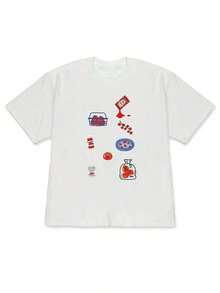 Camiseta Casual con Estampado Gráfico para Mujer 2026, Camiseta de Manga Corta Holgada para Primavera/Verano con Estampado de Ilustraciones de Tomates y Múltiples Elementos, Estilo Fresco y Divertido, Holgada y Transpirable, Adecuada para Uso Diario Casual para Estudiantes, Camiseta Casual de Manga Corta para Mujer 2026 - Para Eventos Deportivos, Fiestas, Salidas, Deportes y Otras Ocasiones 2026 - Camiseta Vintage de Estilo Urbano Unisex de Algodón Holgada de Manga Corta con Cuello Redondo, blusas para mujer. blusas.blusas casuales para dama. - Blanco - Ver 1