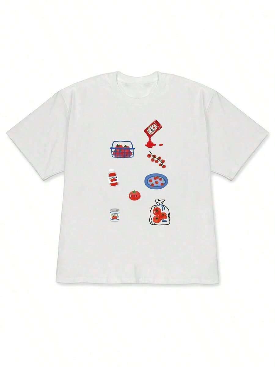 Camiseta Casual con Estampado Gráfico para Mujer 2026, Camiseta de Manga Corta Holgada para Primavera/Verano con Estampado de Ilustraciones de Tomates y Múltiples Elementos, Estilo Fresco y Divertido, Holgada y Transpirable, Adecuada para Uso Diario Casual para Estudiantes, Camiseta Casual de Manga Corta para Mujer 2026 - Para Eventos Deportivos, Fiestas, Salidas, Deportes y Otras Ocasiones 2026 - Camiseta Vintage de Estilo Urbano Unisex de Algodón Holgada de Manga Corta con Cuello Redondo, blusas para mujer. blusas.blusas casuales para dama. - Blanco - Ver 1