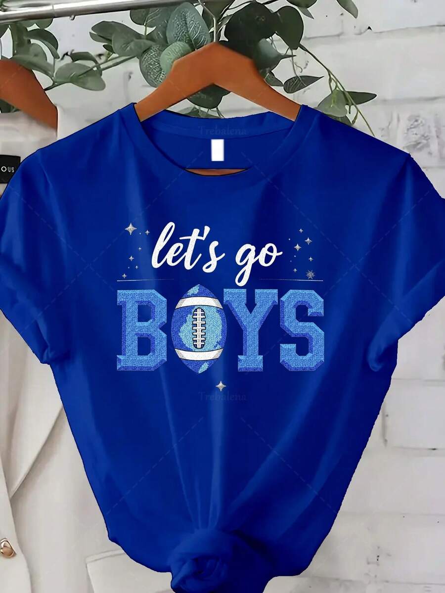 Camiseta clásica de talla grande para mujer "¡Vamos a jugar fútbol!" - Camiseta brillante para el día del partido, de manga corta y cuello redondo, adecuada para usar en verano y otoño, regalo para el Día de Acción de Gracias, Halloween y Navidad (traje de animadora). Éxito de . - Azul - Ver 1