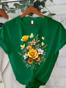 Classic Plus Size Women's Clothing, Yellow Rose And Butterfly Print T-Shirt - Short Sleeve, Round Neck, Casual Style, Suitable For Spring, Summer And Autumn, Machine Washable And Comfortable, Perfect As A Gift For Christmas, Thanksgiving And New Year (Digital Print) Best Seller. - 綠色 - 查看 7