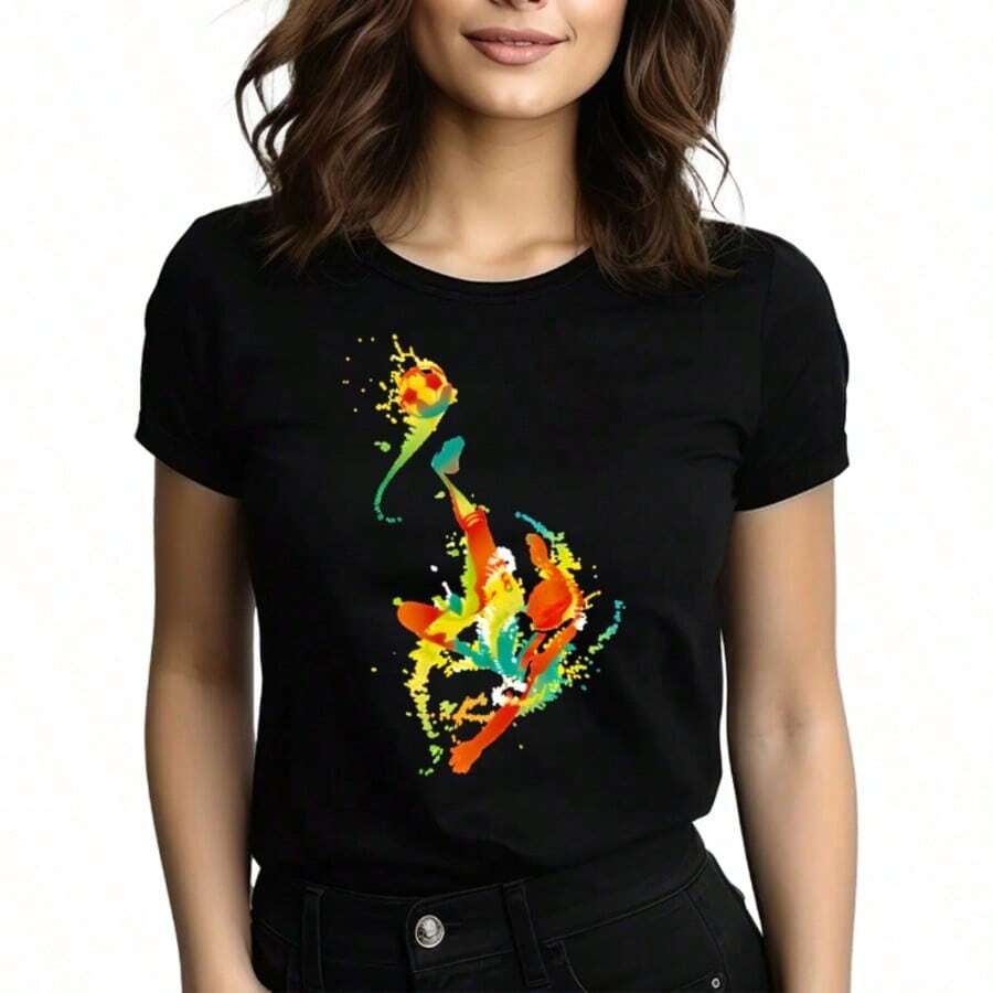 Tops para mujerLinda  de Algodón Negra de Alta Elasticidad para Mujer, Largo Regular, Cuello Redondo, Manga Corta con Gráficos Coloridos - Negro - Ver 1