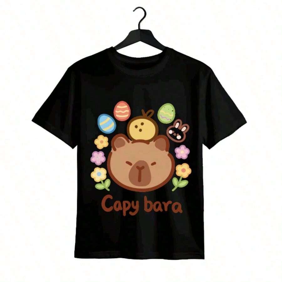 Tops para mujer con Estampado de Capibara para Mujer, Casual de Algodón de Manga Corta y Cuello Redondo para Uso Diario, Top Cómodo y Encantador para el Verano, Ropa de Verano para Mujer, Ropa de Vacaciones para Mujer, Tops para Mujer, Tops de Verano, Conjuntos de Verano, Ropa de Verano, Regalos de Pascua - Negro - Ver 1