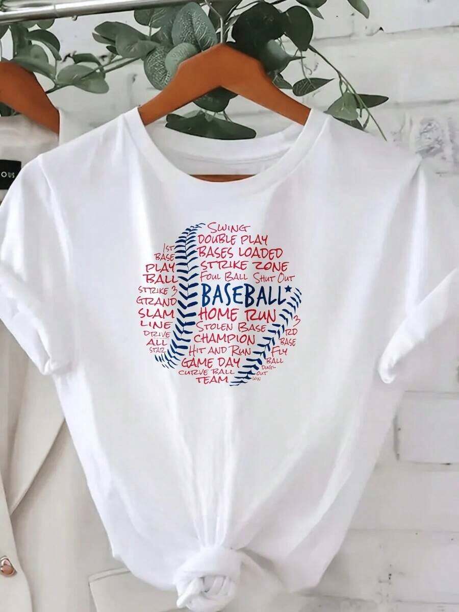Camiseta de Manga Cclothesta para Mujer con Diseño de Béisbol Estilo Casual para Juego de Equipo y Día de Partido Camiseta Blanca con Grafico de Pelota de Béisbol y Palabras Relacionadas con el Depclotheste Ideal para Fans de Béisbol y Actividades al clothese Libre - Blanco - Ver 1