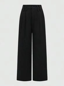 Pantalones anchos de primavera casuales para mujer  estilo de pierna recta holgada, diseño de cintura único de unicolor, adecuados para la oficina y el uso diario, versátiles y favorecedores - Negro - Ver 8