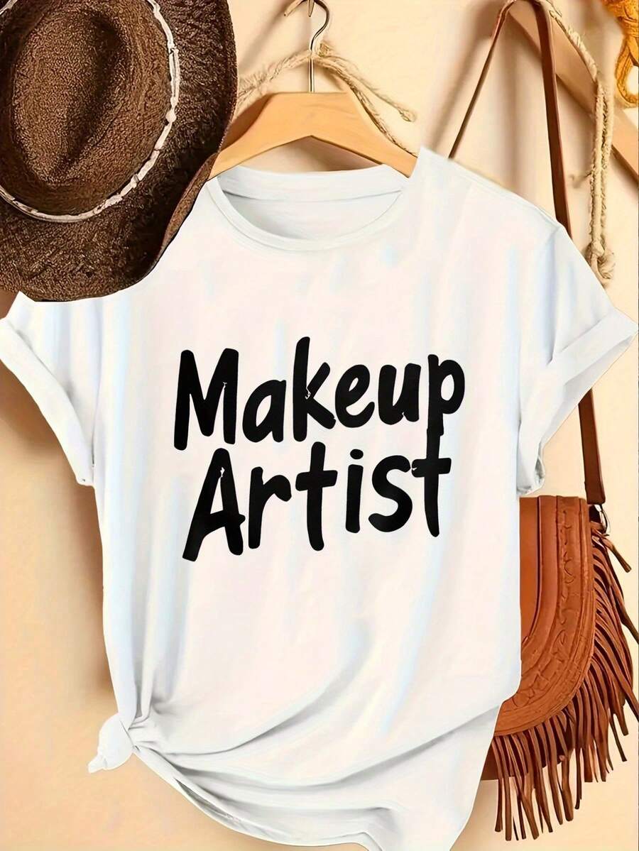 1 pieza de camiseta de manga corta con cuello redondo para mujer, a la moda, de punto de poliéster, serie de estilo casual, modelo para todas las estaciones, con estampado de maquillador, estampado de letras, 100% algodón.ropa de calor mujer - Blanco - Ver 1