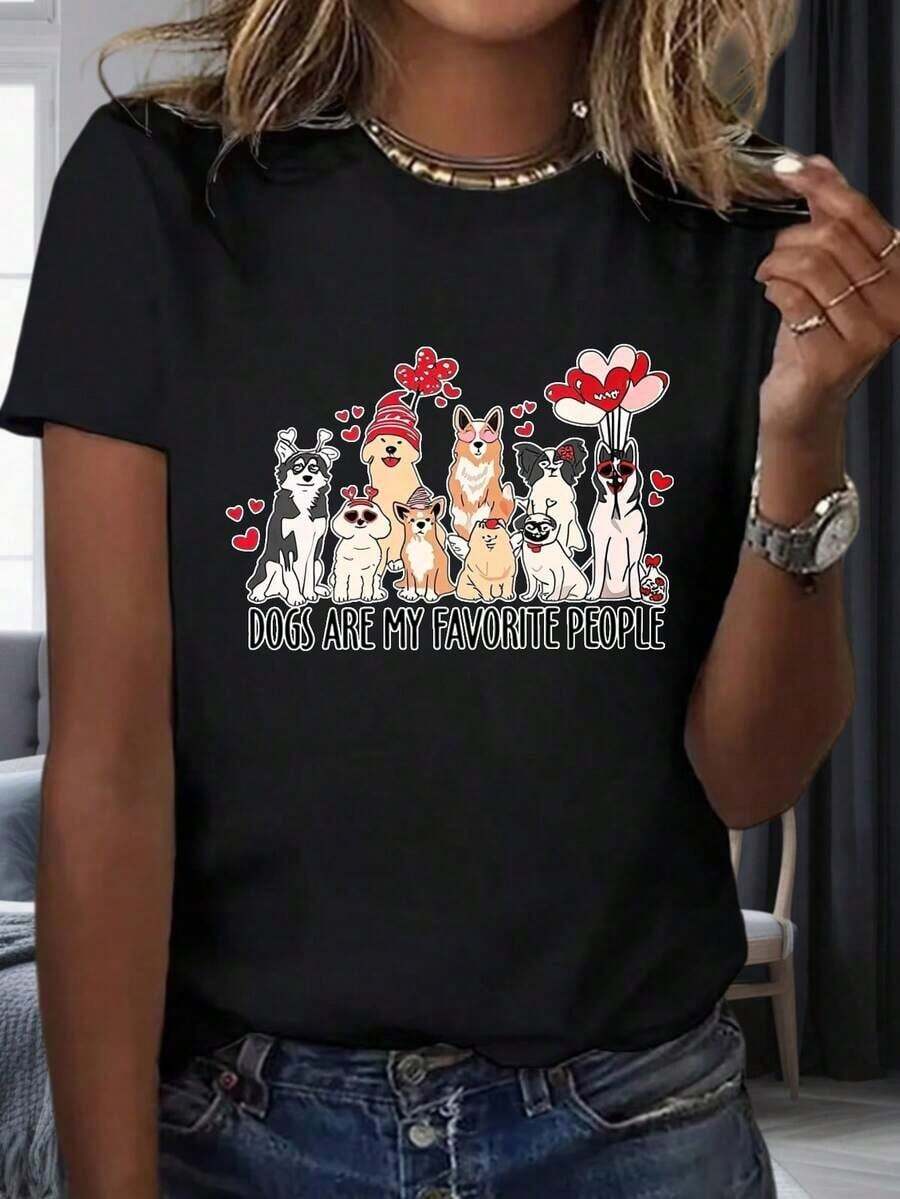 Women's T-Shirt With Dog Print, Gift For Dog Lovers, Valentine's Day Gift, 220g, 100% Cotton, Warm Clothing For Women - 黑色 - 查看 1