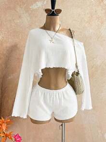 Casual 2-Piece Set Consisting Of A Cropped Top With An Irregular Neckline And Lettuce Hem, And Shorts, In A Solid Color, For Vacation, Spring/Summer - Blanco - View 3