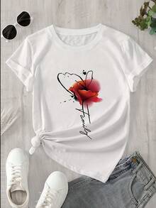 Women's Modern, Casual T-Shirt, Perfect For Parties And Lounging At Home. 100% Cotton, Loose Fit. Women's Short-Sleeved T-Shirt With Floral Print - Light Yellow, Loose Fit, Casual Top With Red Flower Design, Machine Washable, Casual Spring And Summer Wear, Women's T-Shirts, Summer Fashion, Non-See-Through Fabric, 100% Cotton. - 白色 - 查看 1