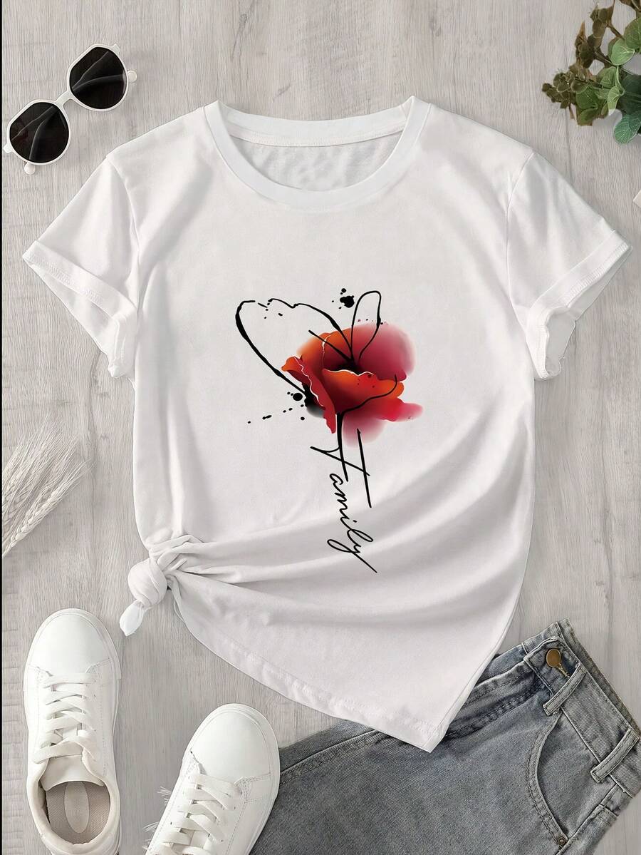 Women's Modern, Casual T-Shirt, Perfect For Parties And Lounging At Home. 100% Cotton, Loose Fit. Women's Short-Sleeved T-Shirt With Floral Print - Light Yellow, Loose Fit, Casual Top With Red Flower Design, Machine Washable, Casual Spring And Summer Wear, Women's T-Shirts, Summer Fashion, Non-See-Through Fabric, 100% Cotton. - 白色 - 查看 1