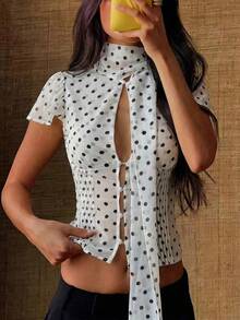 Áo kiểu tay ngắn bằng vải chiffon chấm bi thanh lịch, khoét ngực, thắt nơ cổ, tay phồng, hàng mới về mùa hè. - trắng - Xem 6