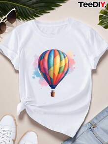 Camiseta de Mujer Talla con Estampado Acuarela Globo Aerostático - Cuello Redondo, Manga Corta, Verano Casual en Rosa Pastel y Azul Multicolor. Lavable aáquina para Festivales o Uso Diario (Diseño Temática Globerro), Camiseta con Estampado de Globos, Top de Globo, Top de Globo, Top de Globo para Mujeres, Tops de Globo para Mujeres, Camisa de Globos para Mujer, Top de Brazo con Globo para Mujeres, Camisetas Gráficas de Talla para Mujer, Tops para Mujeres de - Blanco - Ver 1