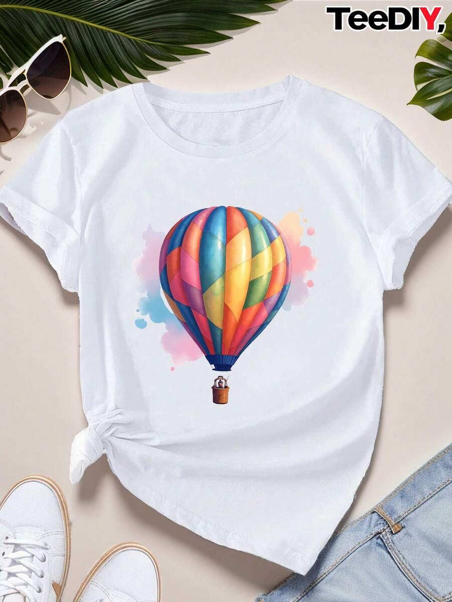 Camiseta de Mujer Talla con Estampado Acuarela Globo Aerostático - Cuello Redondo, Manga Corta, Verano Casual en Rosa Pastel y Azul Multicolor. Lavable aáquina para Festivales o Uso Diario (Diseño Temática Globerro), Camiseta con Estampado de Globos, Top de Globo, Top de Globo, Top de Globo para Mujeres, Tops de Globo para Mujeres, Camisa de Globos para Mujer, Top de Brazo con Globo para Mujeres, Camisetas Gráficas de Talla para Mujer, Tops para Mujeres de - Blanco - Ver 1