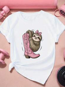 Camiseta deportiva de manga corta para mujer de talla con perezoso y cinta rosa. - Blanco - Ver 6