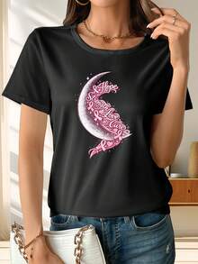 Camiseta de manga corta con estampado de diseño clásico de cinta rosa, luna, esperanza y corazón, ropa de mujer, ropa de verano para mujer, blusas de primavera-verano para mujer, adecuada para ir de compras, para el hogar y el ocio, y para el estilo de vacaciones. Éxito de . - Negro - Ver 1