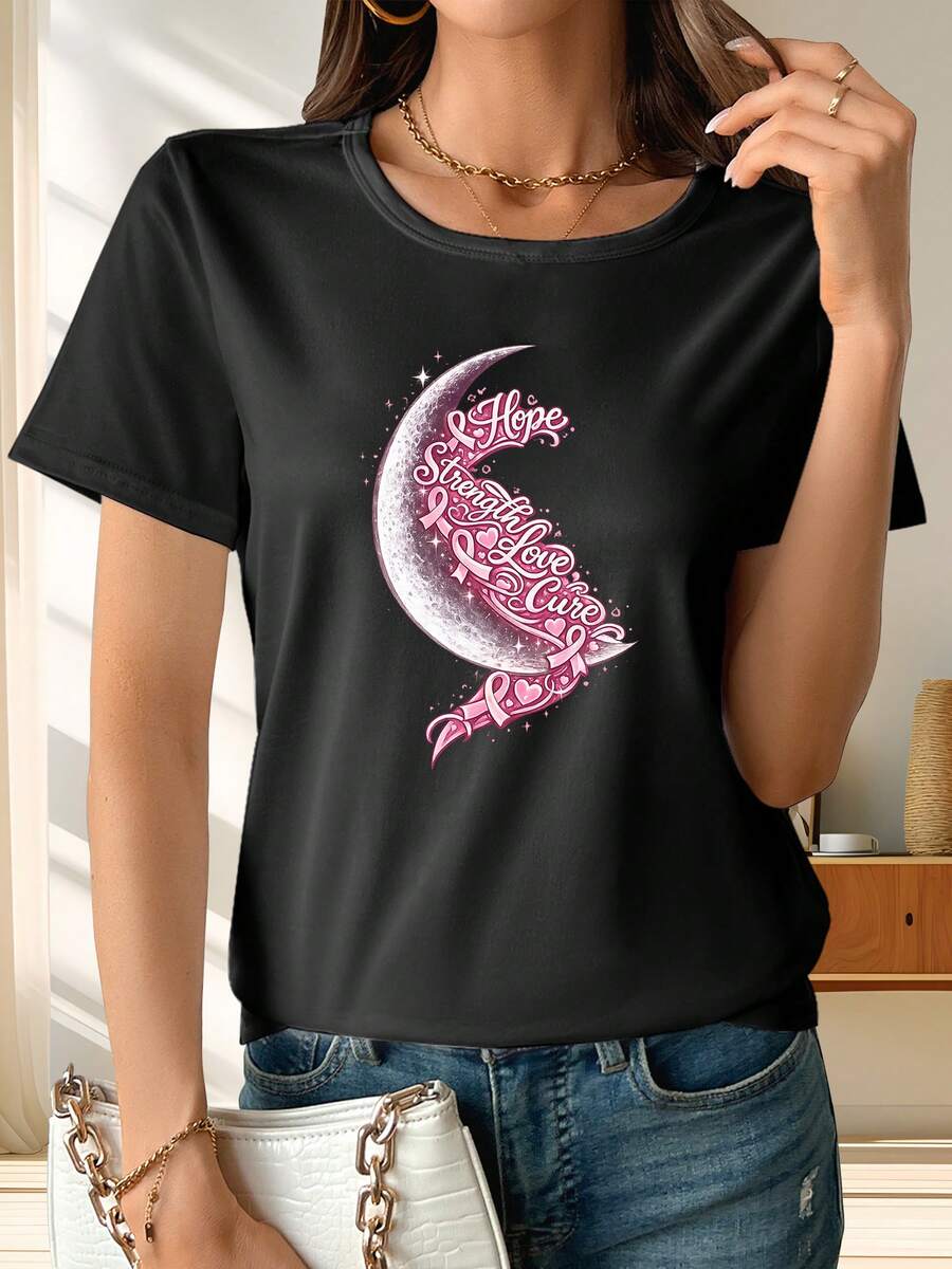 Camiseta de manga corta con estampado de diseño clásico de cinta rosa, luna, esperanza y corazón, ropa de mujer, ropa de verano para mujer, blusas de primavera-verano para mujer, adecuada para ir de compras, para el hogar y el ocio, y para el estilo de vacaciones. Éxito de . - Negro - Ver 1