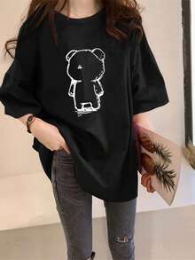 Camiseta de mujer, de manga corta, corte holgado, adelgazante, talla grande, top de verano de longitud media. - Negro - Ver 6